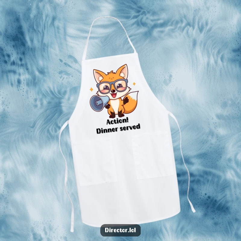 Funny director fox with oversized glasses and megaphone, enthusiastically directing in a humorous kitchen apron.