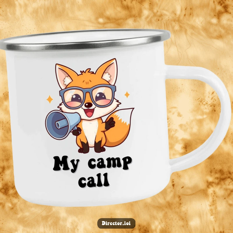 Funny director fox in big glasses and megaphone, ready for adventure on a durable camping mug.