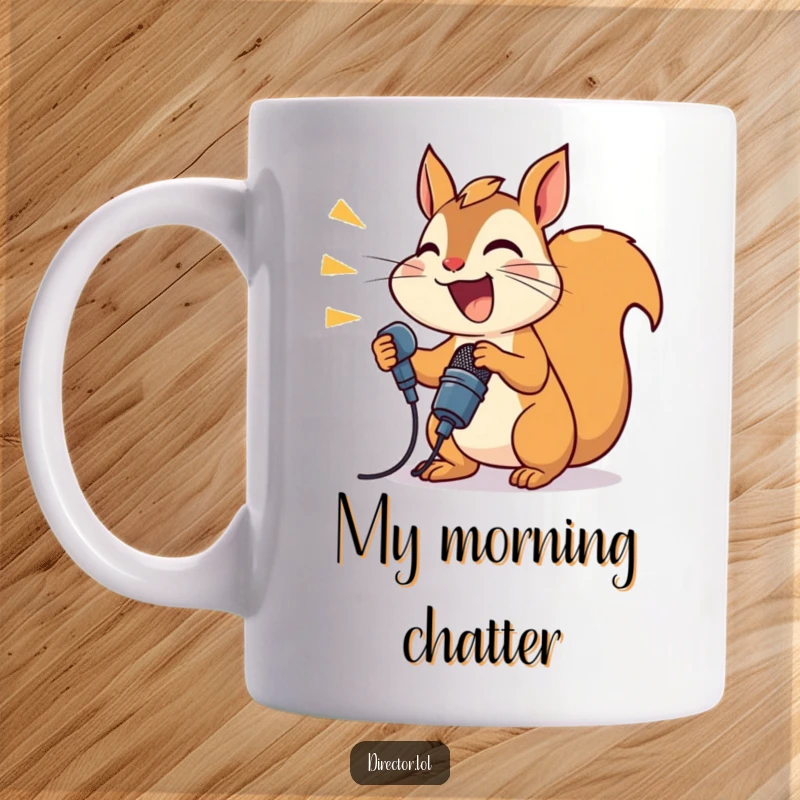 Funny joyful squirrel enthusiastically shouting into a microphone, conveying energetic announcements and a happy personality.