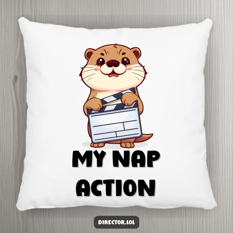 Funny determined otter holding a clapperboard and nodding, a humorous movie-themed throw pillow.