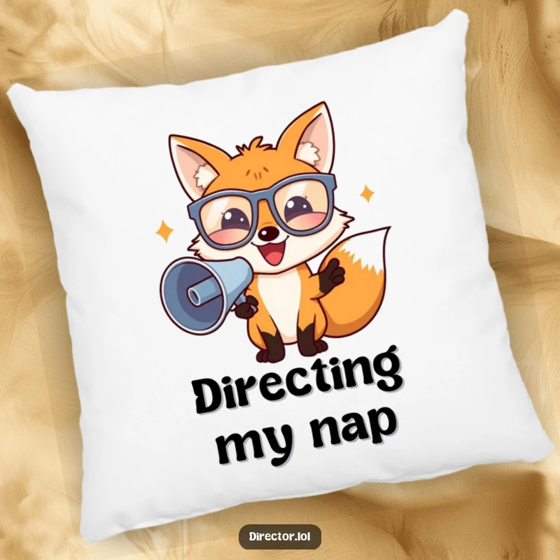 Funny director fox in big glasses, holding a megaphone, a humorous movie-themed throw pillow design.