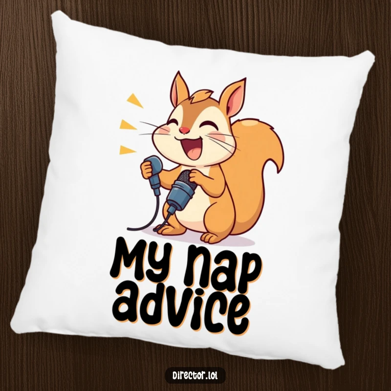 Funny joyful squirrel shouting into a microphone, a humorous announcer-themed throw pillow.