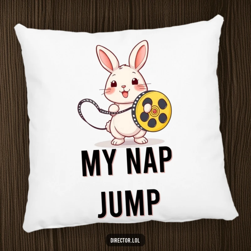 Funny rabbit skipping with a film reel, a humorous movie-themed throw pillow.
