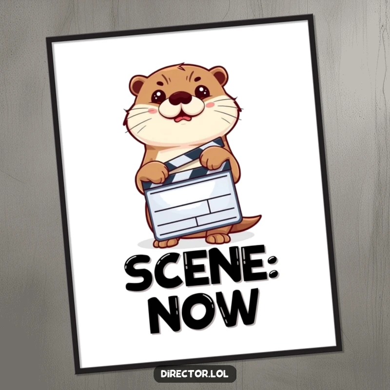 Funny determined otter holding a film clapperboard and nodding decisively, humorous movie art print.
