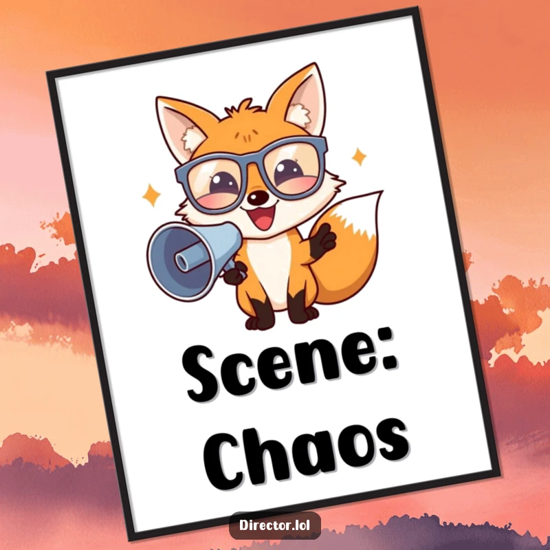 Funny director fox in oversized glasses waving a megaphone, a humorous digital art print for movie fans.