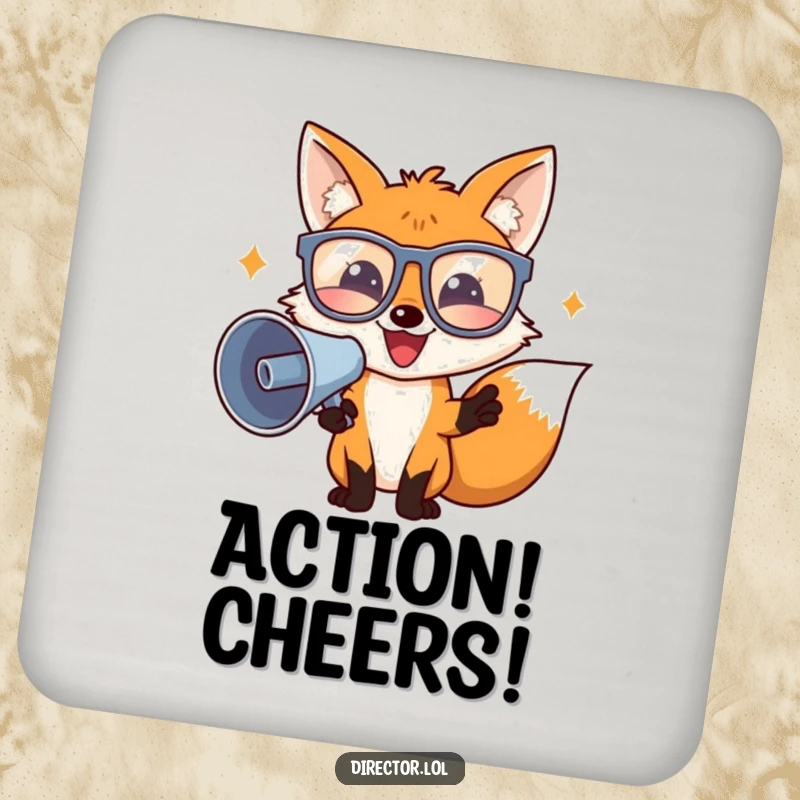Funny director fox with glasses and megaphone, a humorous movie-themed drink coaster.
