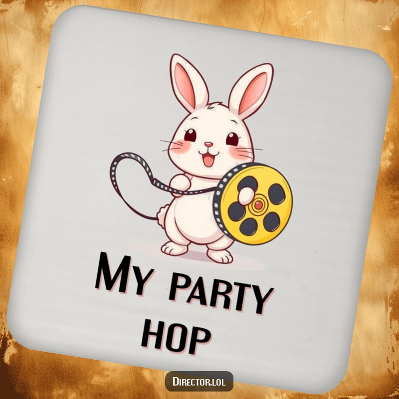 Funny rabbit holding a film reel like a skipping rope, a humorous movie-themed drink coaster.