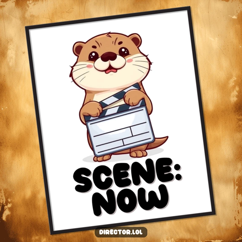 Funny determined otter with a clapperboard, giving a decisive nod, humorous movie art poster.