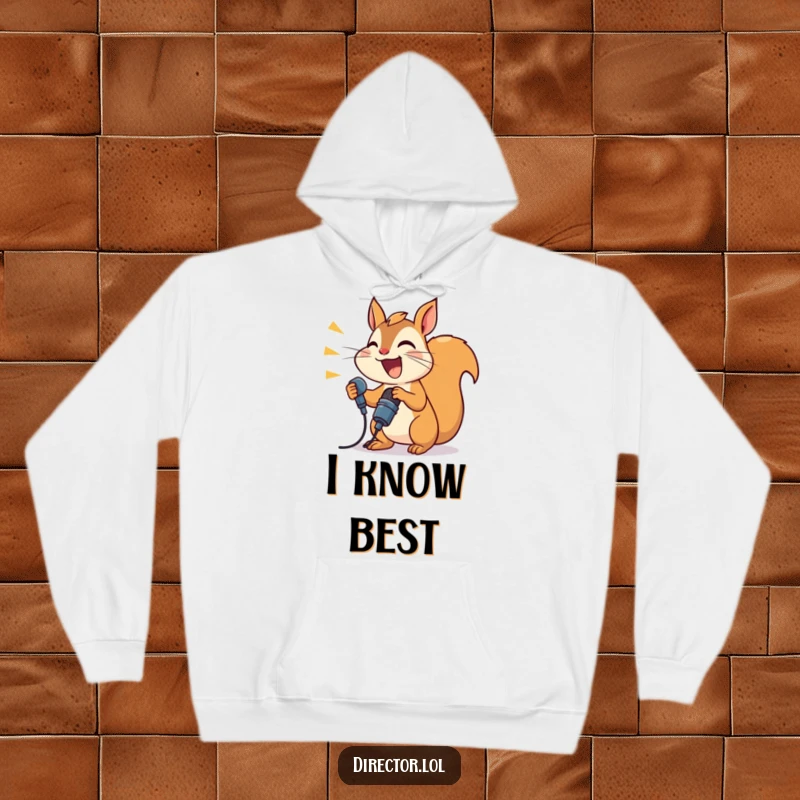 Funny joyful squirrel enthusiastically shouting into a microphone, a humorous broadcast theme on a cozy hoodie.