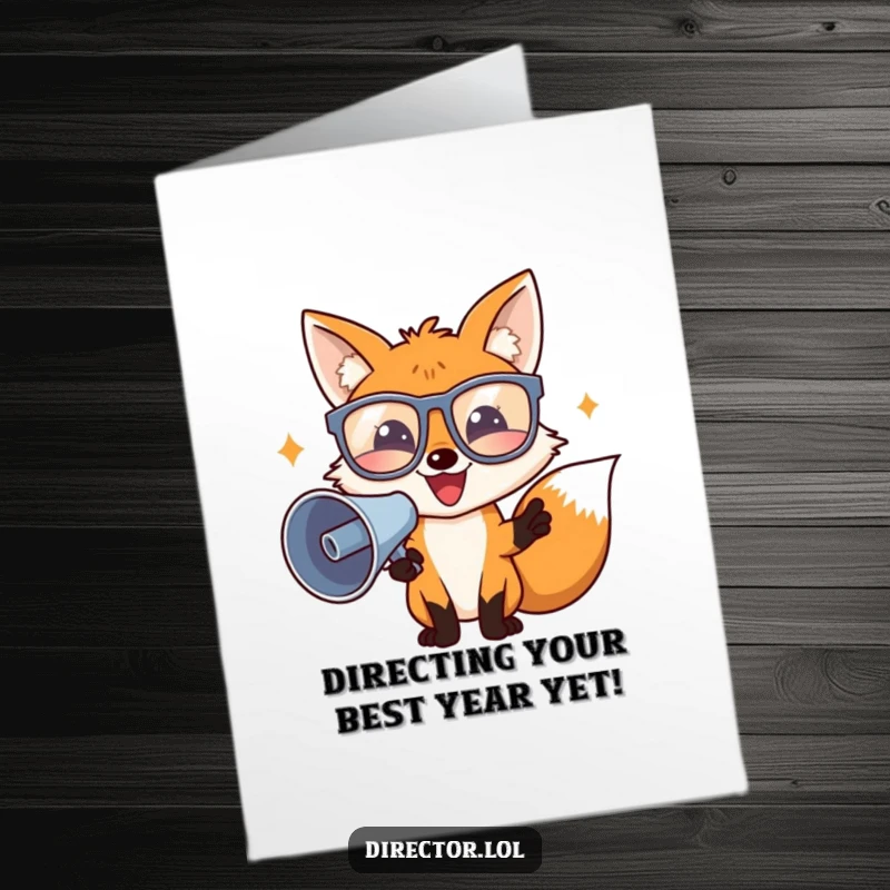 Funny Free Printable Birthday Card: A happy fox in director glasses uses a megaphone to announce a hilarious movie birthday.