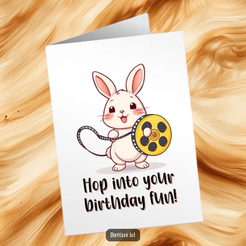 Funny Free Printable Birthday Card: A playful rabbit jumps rope with a film reel, celebrating a birthday.