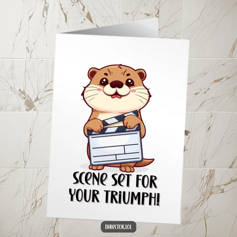 Funny Free Printable Congratulations Card: A determined otter director holds a clapperboard, giving a decisive nod to success.