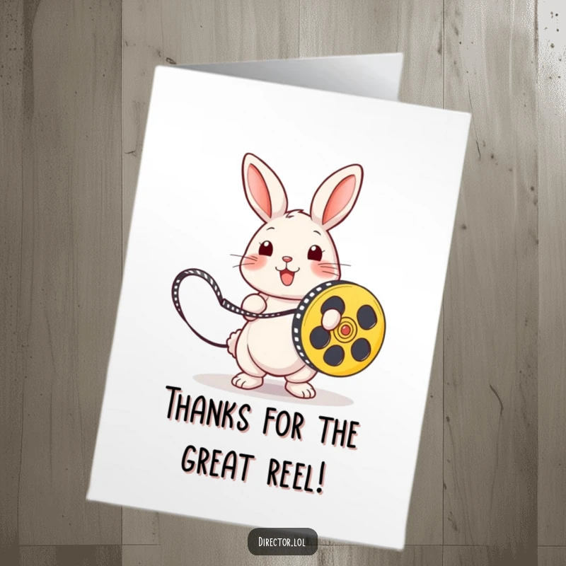Funny Free Printable Thank You Card: A playful rabbit uses a film reel as a skipping rope to send thanks.