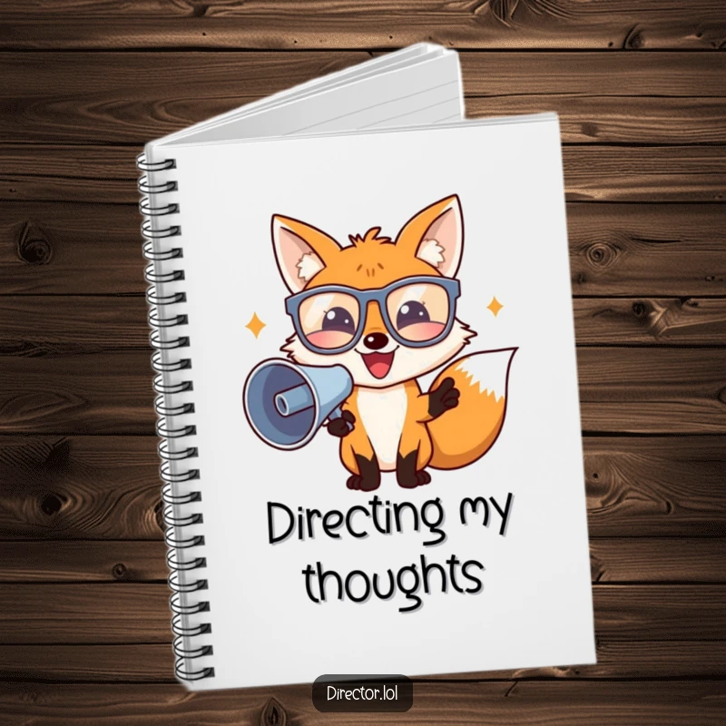 Funny director fox with glasses and megaphone, ready to write notes in a humorous notebook.