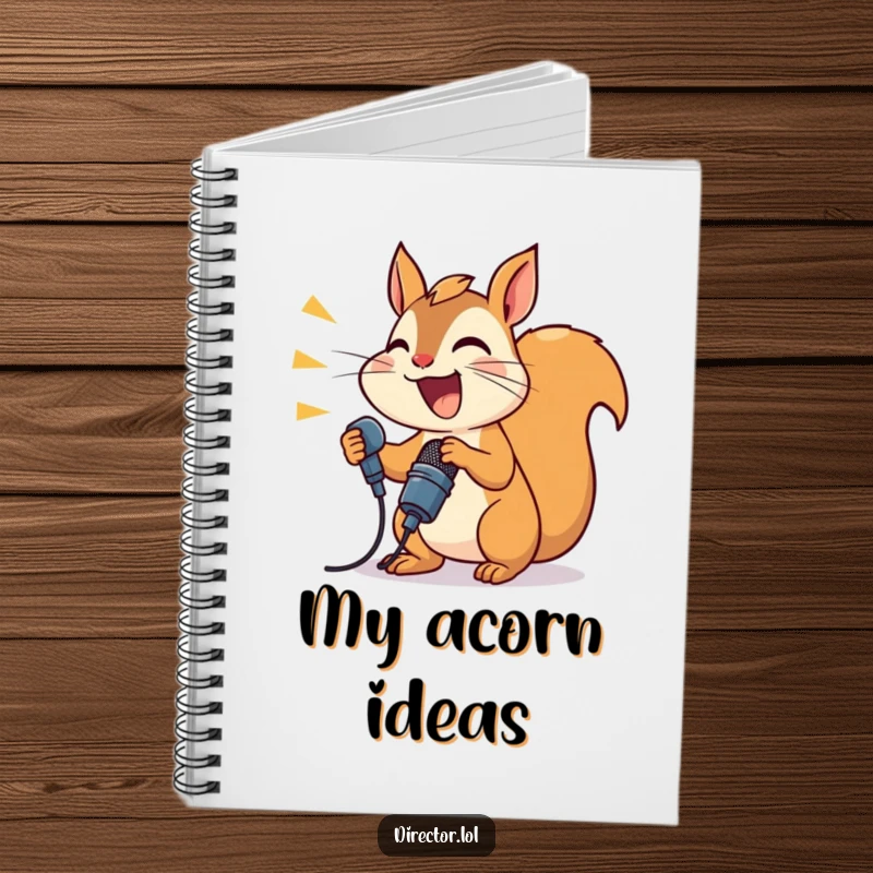 Funny joyful squirrel with a microphone, ready to write notes in a humorous notebook.