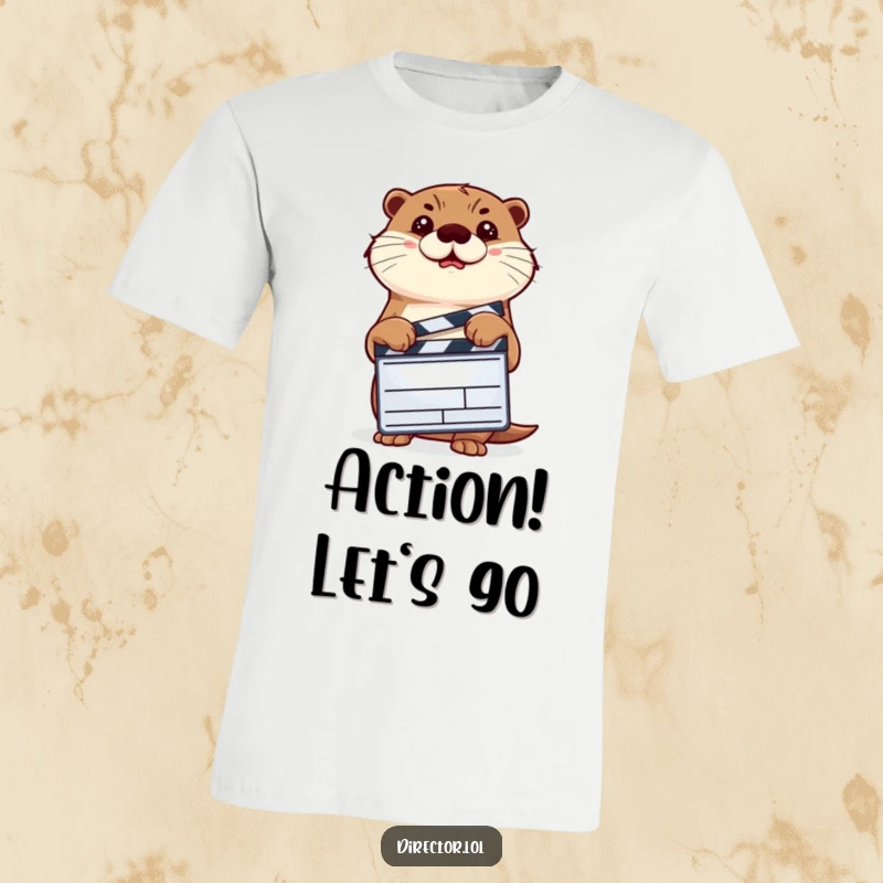 Funny otter determinedly holding a clapperboard and nodding, a humorous movie director character on a t-shirt.