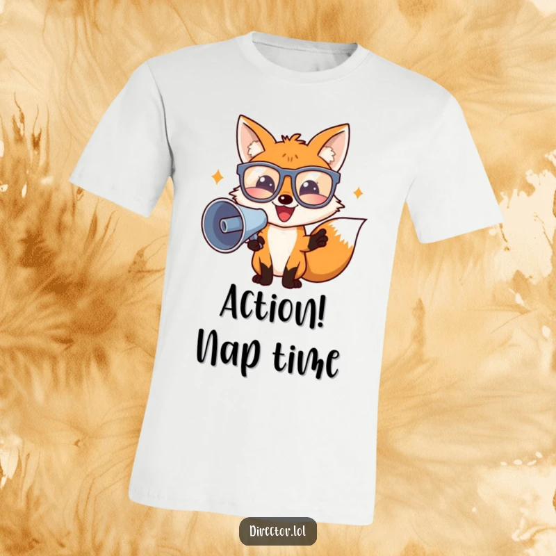 Funny director fox wearing large glasses, holding a megaphone and waving with excitement, a humorous movie production character.