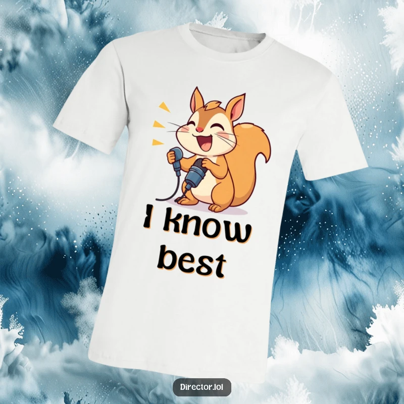 Funny happy squirrel shouting into a microphone with enthusiasm, a humorous announcer character on a t-shirt.