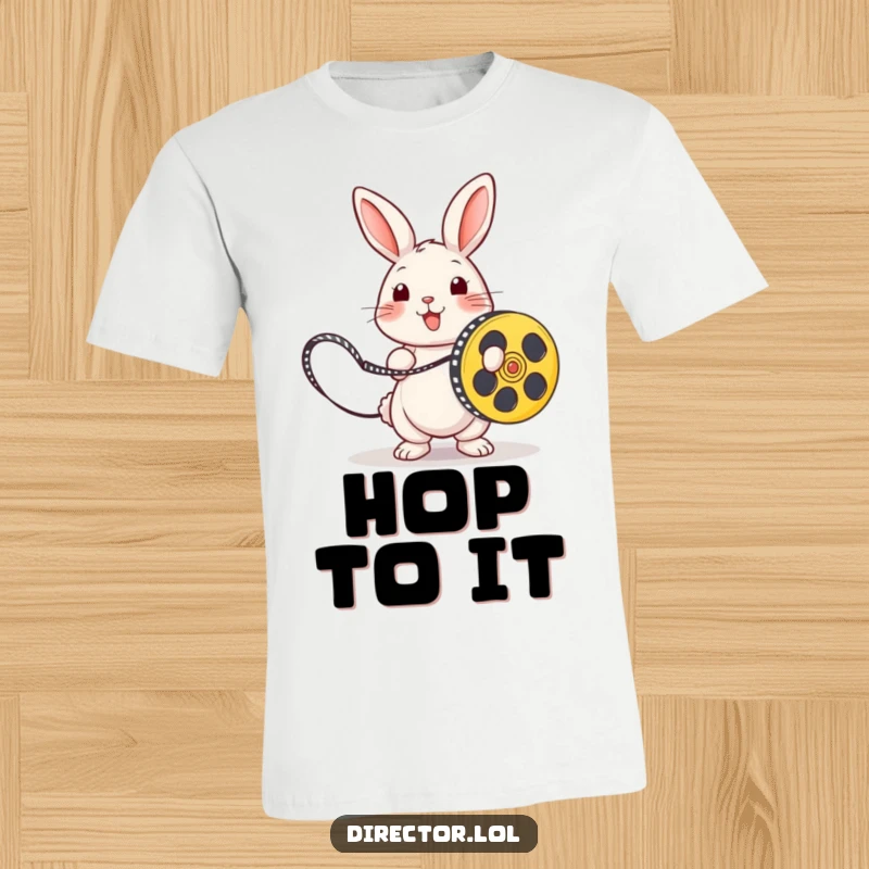 Funny rabbit joyfully skipping with a film reel as a rope, a humorous movie production character on a t-shirt.