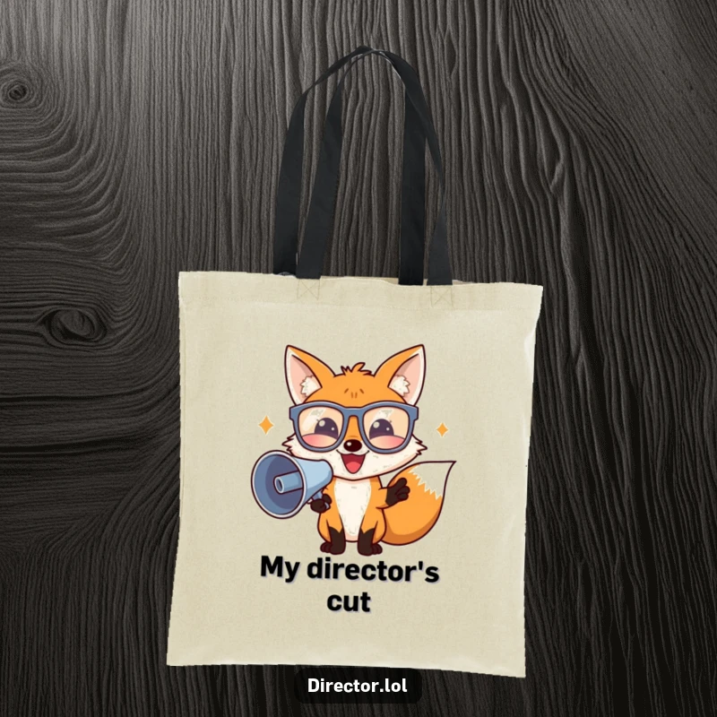 Funny happy fox in director glasses waving a megaphone, a humorous movie production tote bag design.