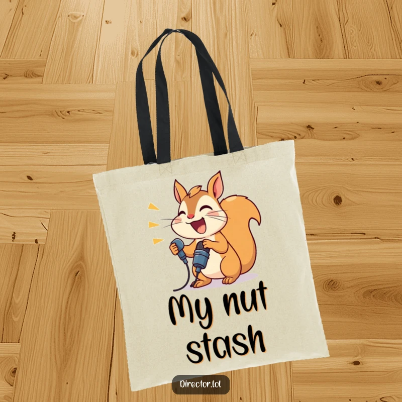 Funny joyful squirrel holding a microphone and shouting, a humorous announcer tote bag design.
